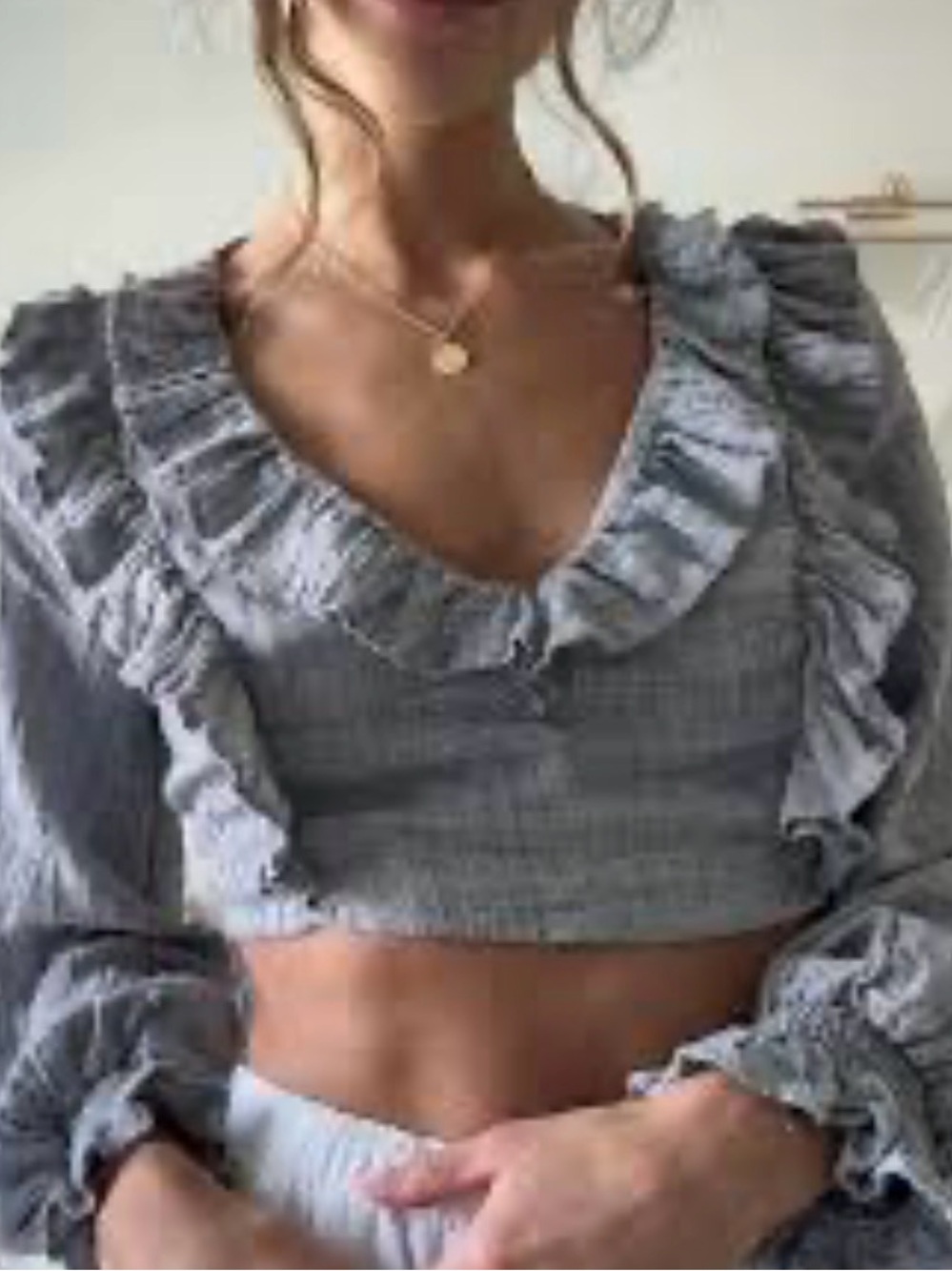 Zara Gray Ruffled Smocked V‑Neck Crop Top